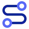 Ein minimalistisches UI-Icon in S-Form, bestehend aus einer dunkelblauen, geschwungenen Linie, die zwei hellblaue Kreispunkte miteinander verbindet. Es symbolisiert den Fluss von Informationen und die Entwicklung zielgerichteter Kommunikationsformate.
